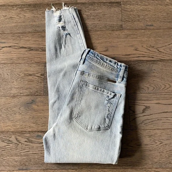 KanCan Mom High Waist Relaxed Thigh Tapered Leg Distressed Frayed Hem Jeans